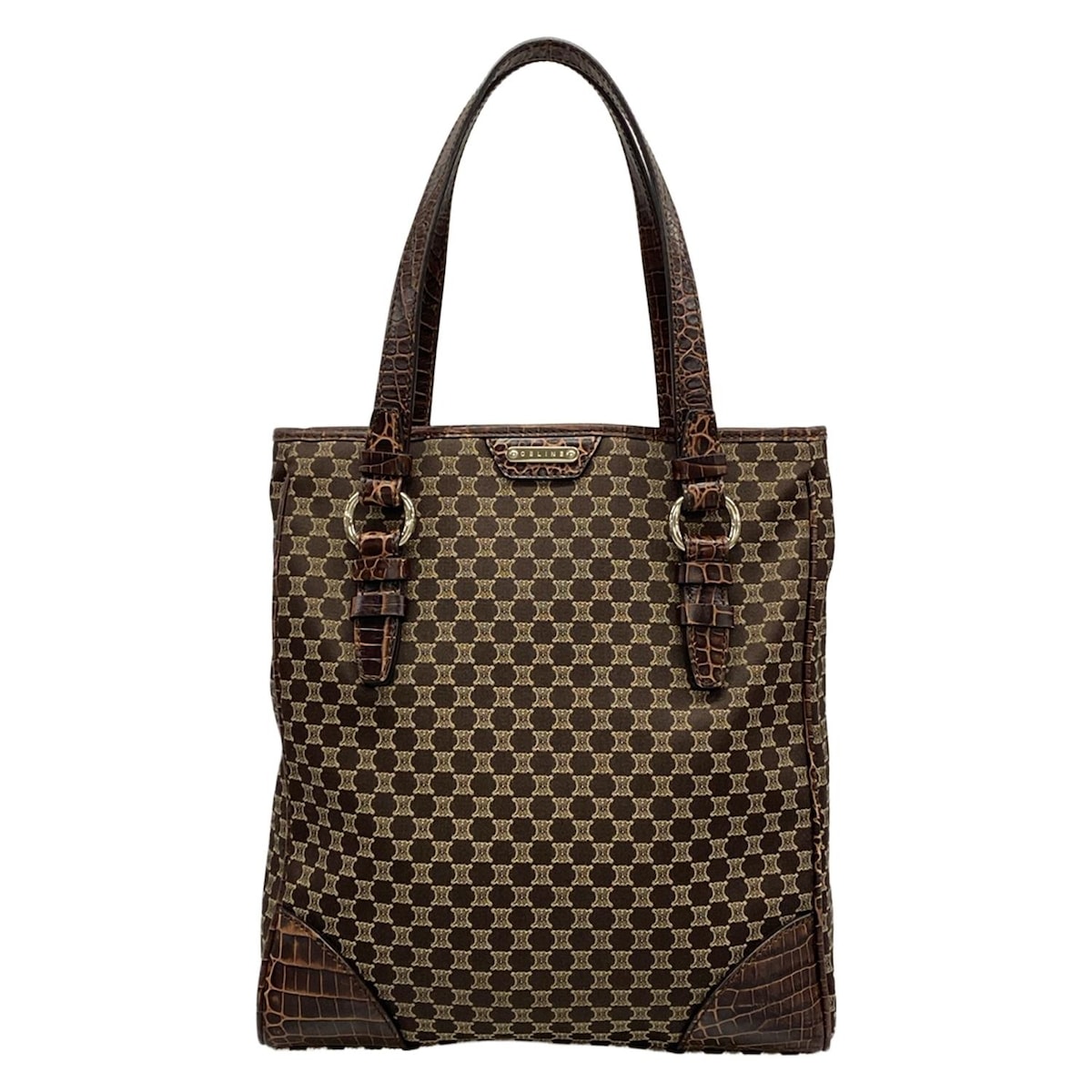 Celine Macadam Tote Bag Dark Brown Beige Jacquard Leather